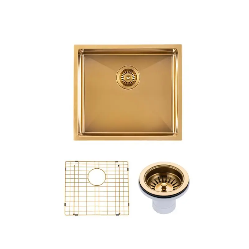[41546] (C-510 Gold)Round Corner Stainless Steel Brushed Brass PVD Coating Single Bowl Kitchen Sink(With Bottom Grid) 510*450*230mm
