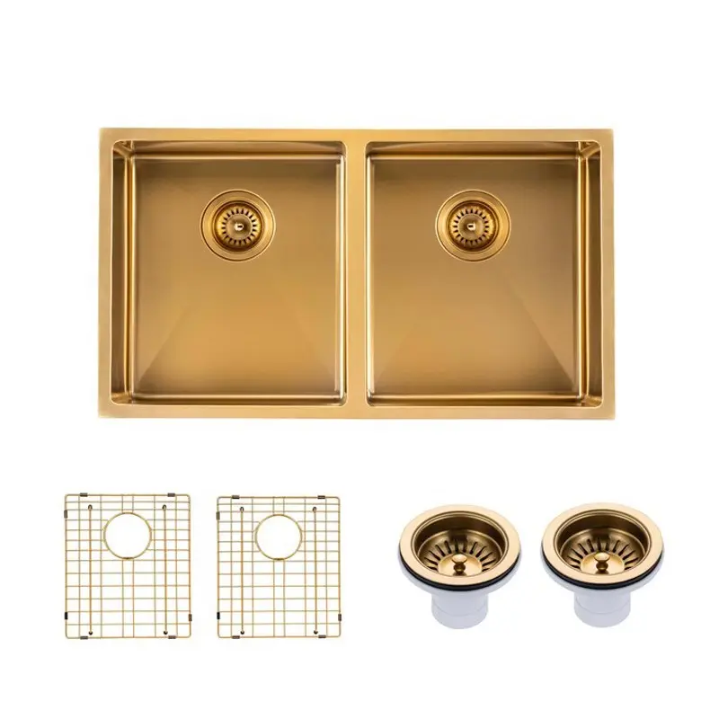[41547] (C-770 Gold)Round Corner Stainless Steel Brushed Brass PVD Coating Double Bowl Kitchen Sink(With Bottom Grid) 770*450*215mm