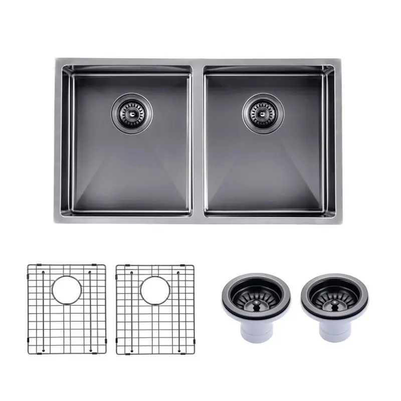 [41548] (C-770 Black)Round Corner Stainless Steel Gun Metal Grey PVD Coating Double Bowl Kitchen Sink(With Bottom Grid) 770*450*215mm