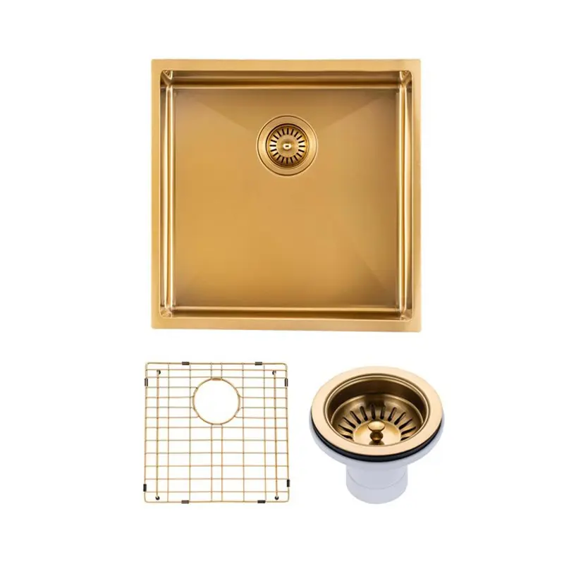 [41549] (C-440 Gold)Round Corner Stainless Steel Brushed Brass PVD Coating Single Bowl Kitchen Sink(With Bottom Grid) 440*440*205mm