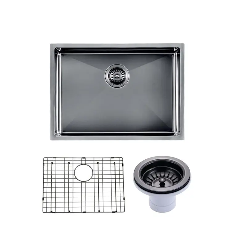 [41554] (C-600 Black)Round Corner Stainless Steel Gun Metal Grey PVD Coating Single Bowl Kitchen Sink(With Bottom Grid) 600*450*230mm