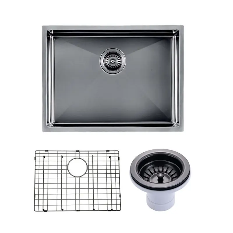 [41556] (C-600D Black)Round Corner Stainless Steel Gun Metal Grey PVD Coating Single Bowl Kitchen Sink(With Bottom Grid) 600*450*300mm