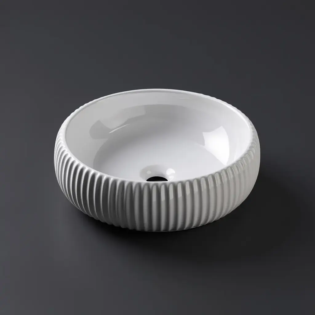 [41678] 420*420*125mm Gloss White With Fluted Desig Abover Counter Basin(32mm Nonoverflow)