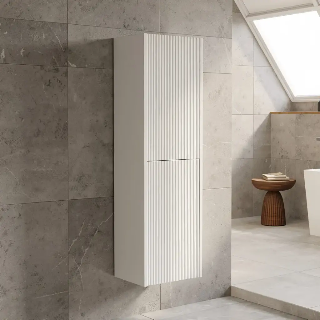 [98600/TB1350-MW-F] Customised Kiama Fluted Tall Boy Cabinet - Matte White - 400L x 300D x 1350H mm - 2 Doors